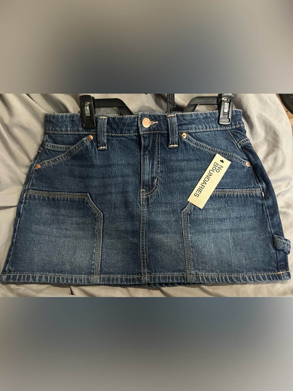 Blue Denim Mini Skirt with Front Patch Pockets
